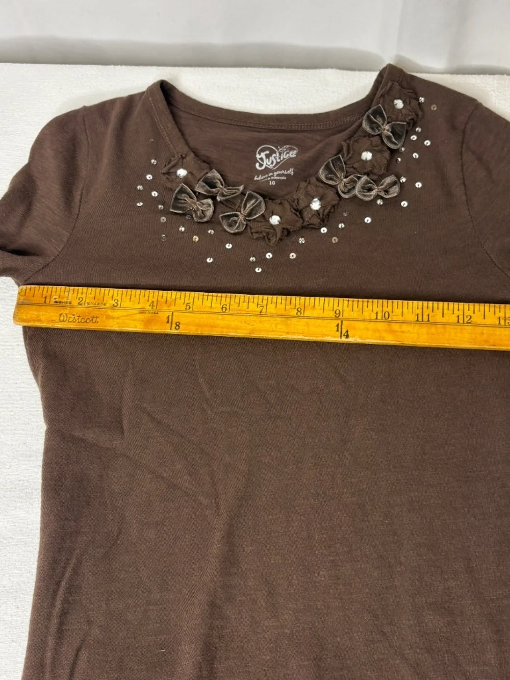 Vintage Justice Brown W/Bows/Flowers/Sequin Long Sleeve Shirt Size 10 Girl's EUC